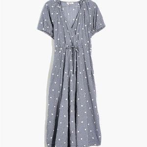 Embroidered Gingham Faux-Wrap Tie-Waist Midi Dress